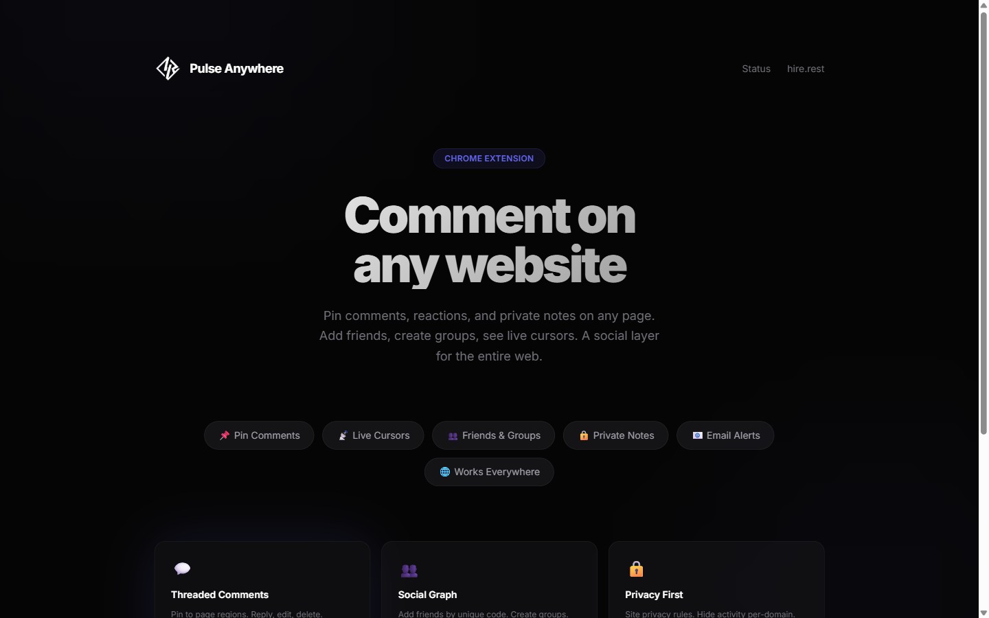 Pulse Anywhere landing page: comment on any website