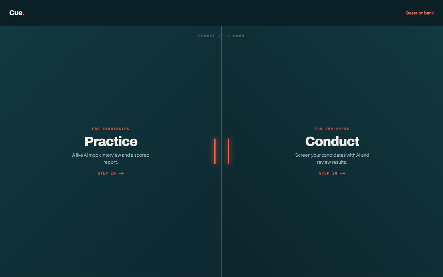 Cue landing page showing two doors: Practice for candidates and Conduct for employers