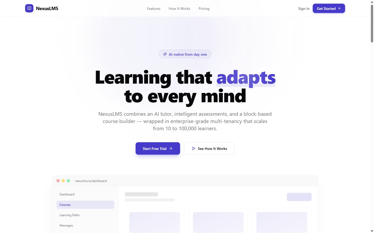 NexusLMS landing page: learning that adapts to every mind