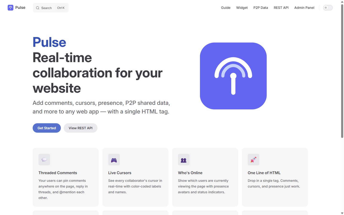 Pulse docs site: real-time collaboration for your website with a single HTML tag
