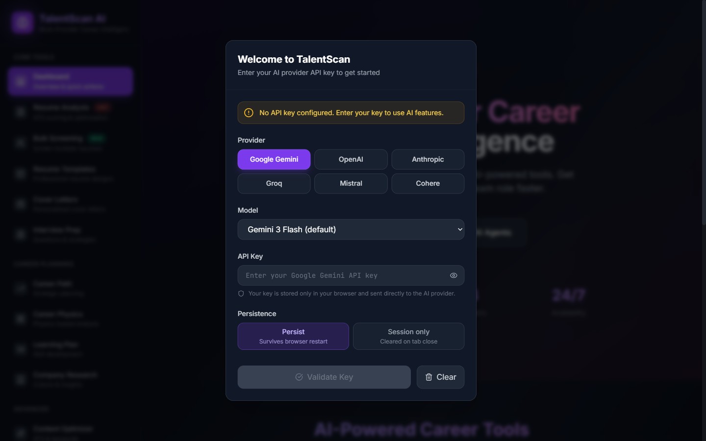TalentScan onboarding: choose between Google Gemini, OpenAI, Anthropic, Groq, Mistral, and Cohere with your own API key